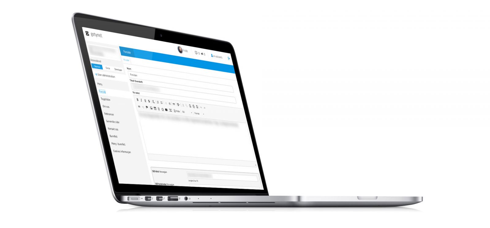Getynet CMS grensesnitt vist på en laptop
